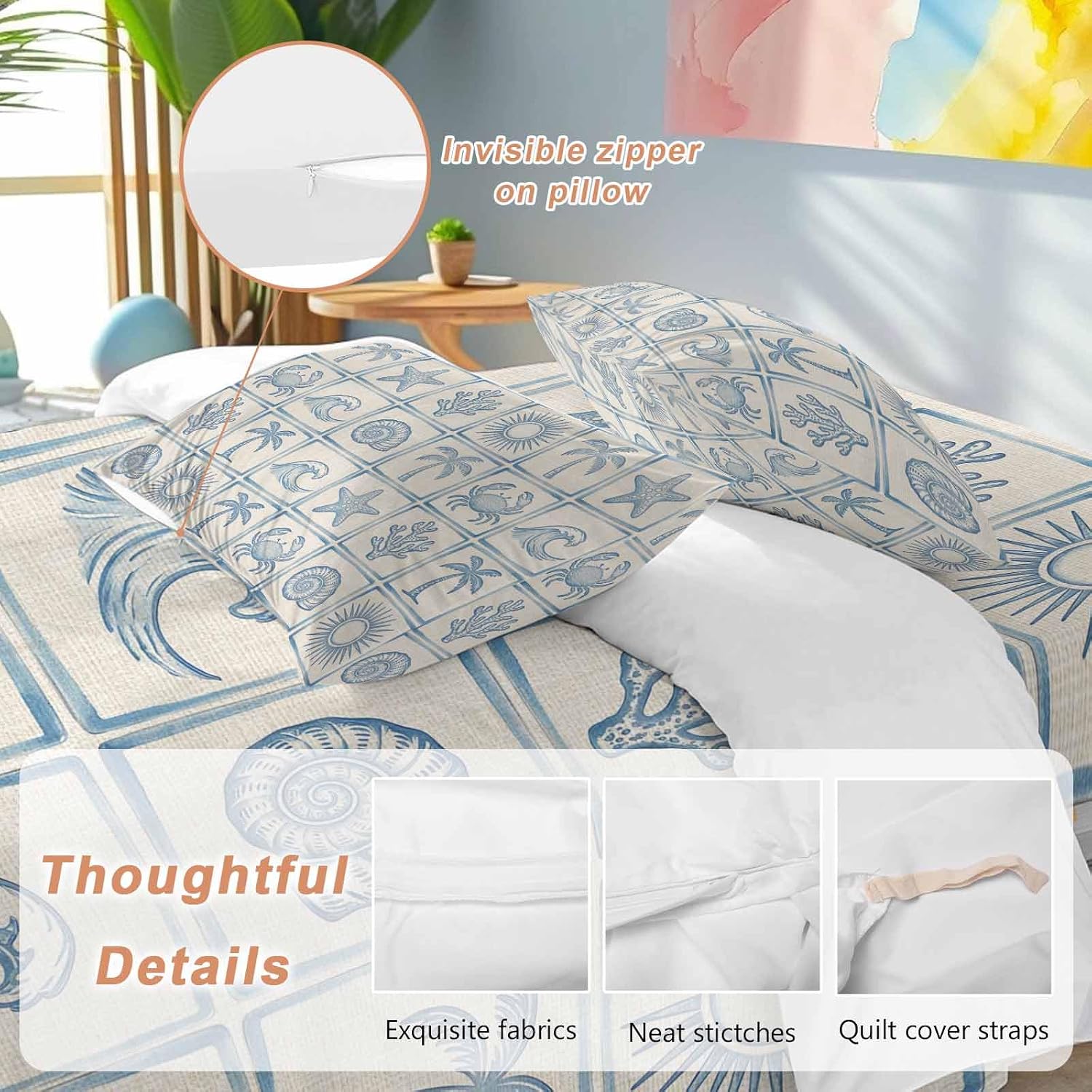 Prime Leader Summer Coastal Duvet Cover Set Queen Size 4 Pieces Retro Ocean Waves Shell Crab Coconut Tree Bedding Set with Zipper Closure, 1 Comforter Cover 90x92 Inches 1 Flat Sheet & 2 Pillow Cases