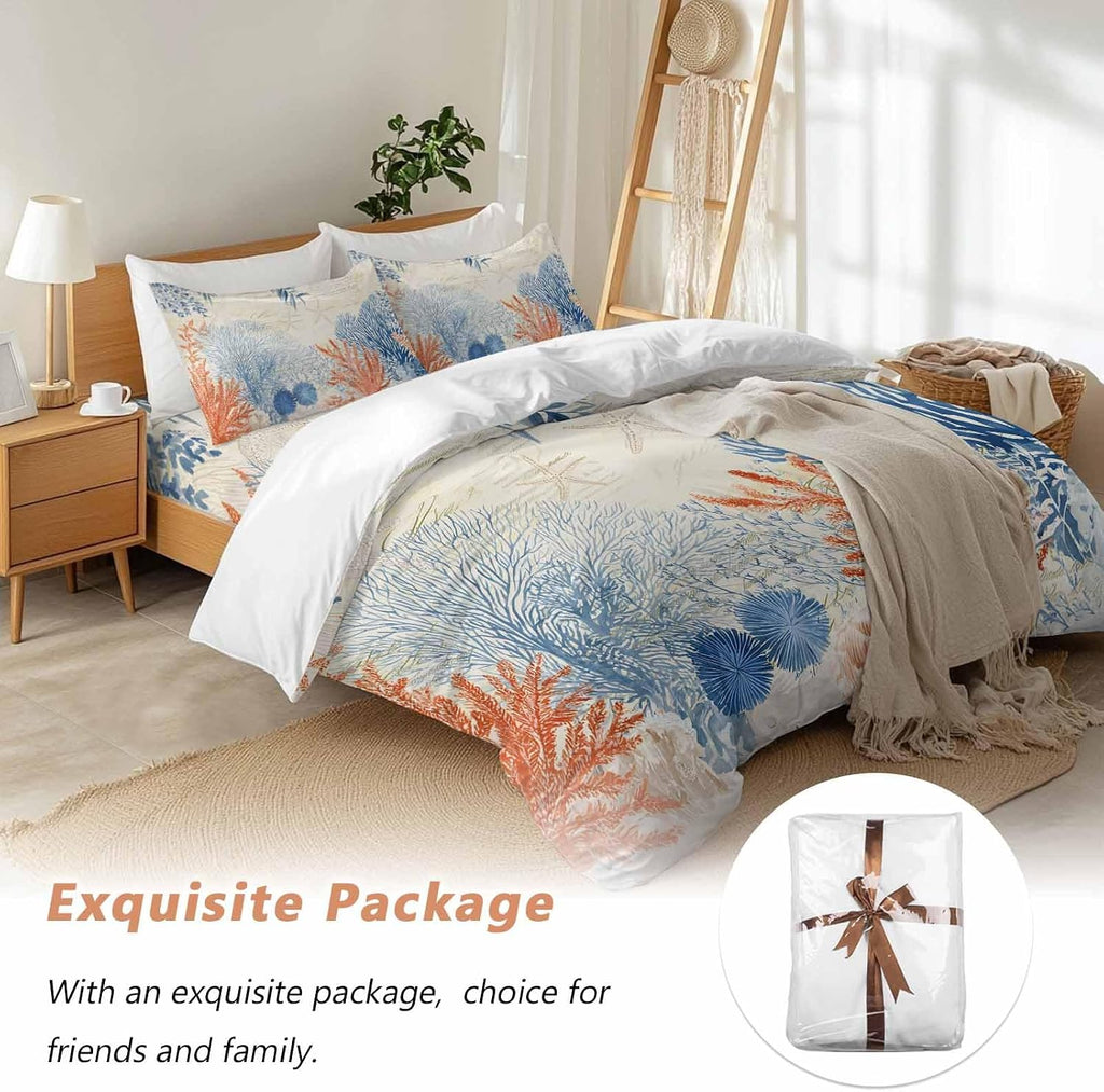 Prime Leader Ocean Corals Duvet Cover Set Queen Size 4 Pieces Summer Beach Coral Sea Stars Retro Texture Bedding Set with Zipper Closure, 1 Comforter Cover 86x86 Inches 1 Flat Sheet & 2 Pillow Cases