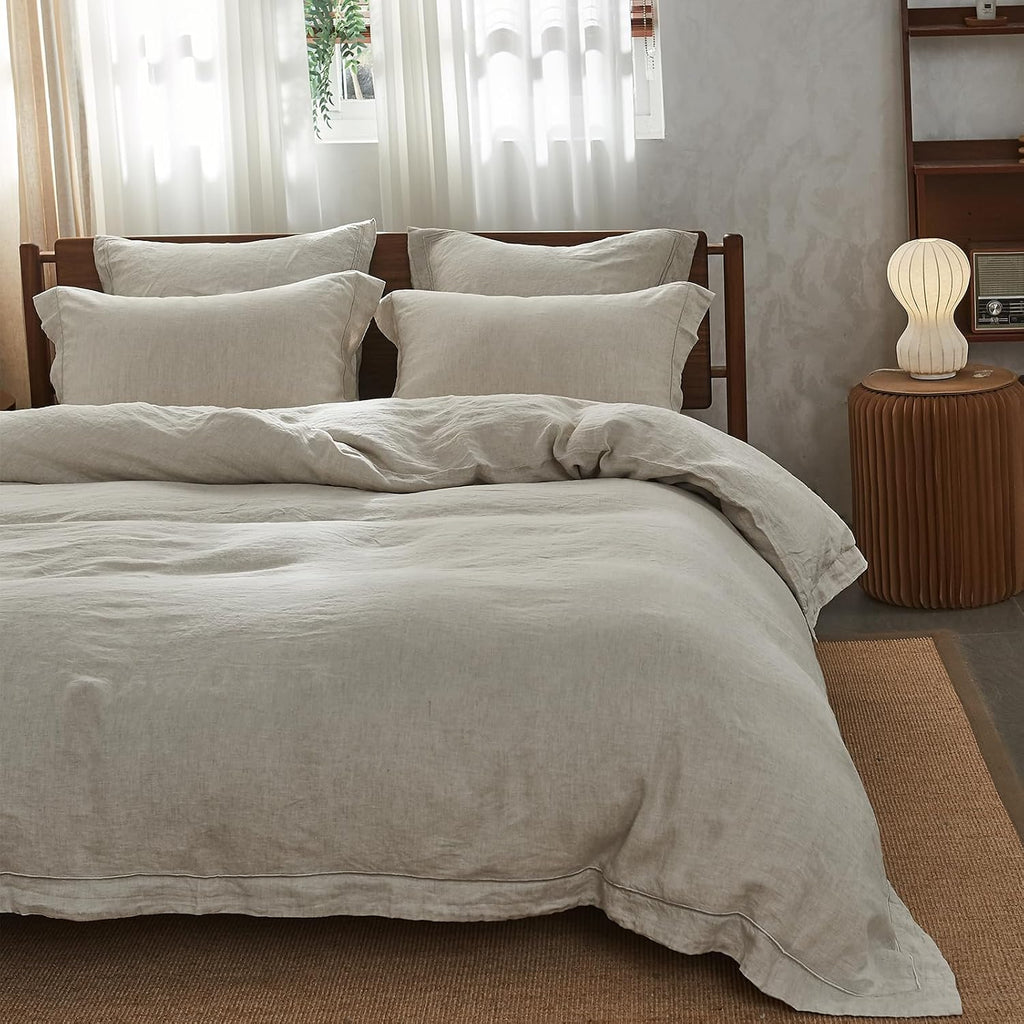 Simple&Opulence 100% Washed Linen Duvet Cover with Embroidered,3 Pieces Soft Farmhouse Comforter Set with Button Closure,1 Duvet Cover and 2 Pillowshams(Queen,Natural Linen)