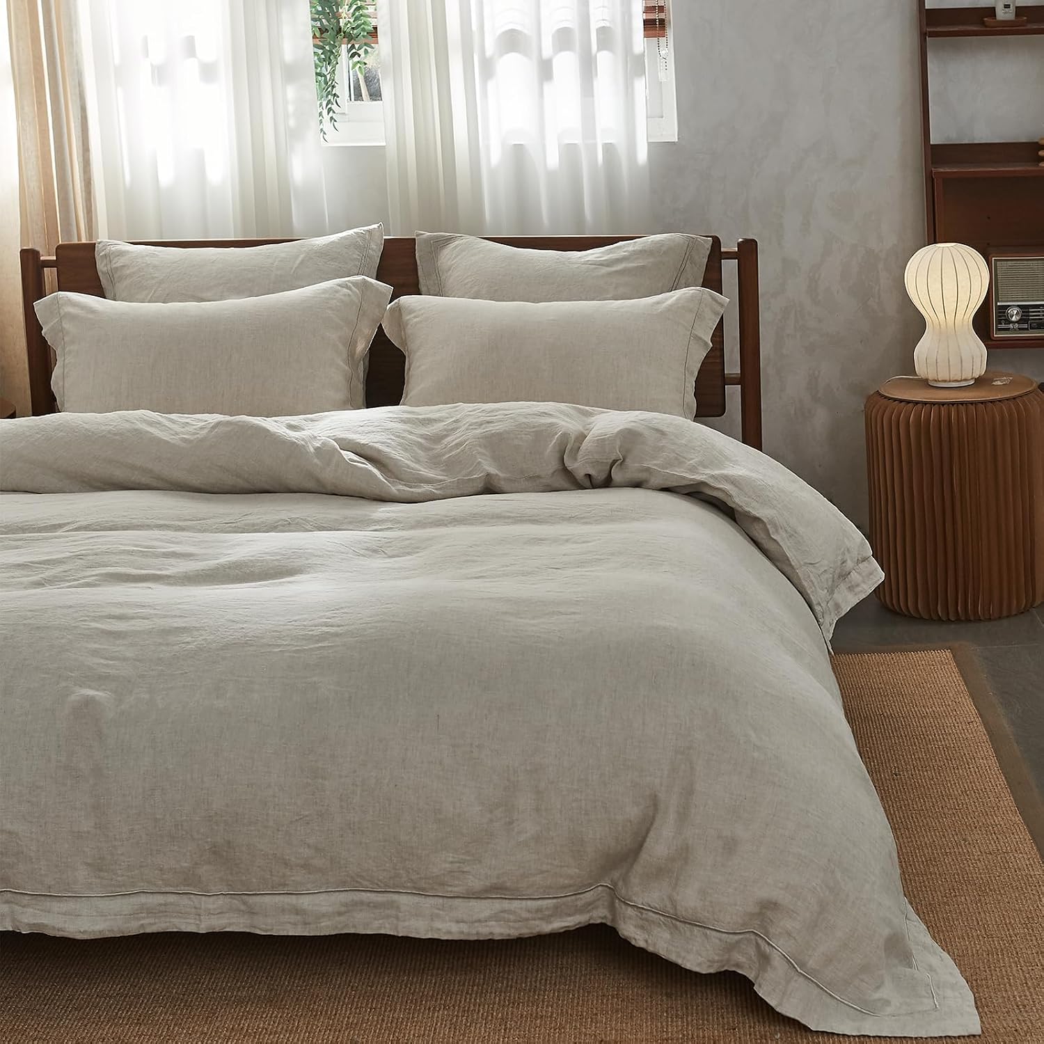 Simple&Opulence 100% Washed Linen Duvet Cover with Embroidered,3 Pieces Soft Farmhouse Comforter Set with Button Closure,1 Duvet Cover and 2 Pillowshams(Queen,Natural Linen)