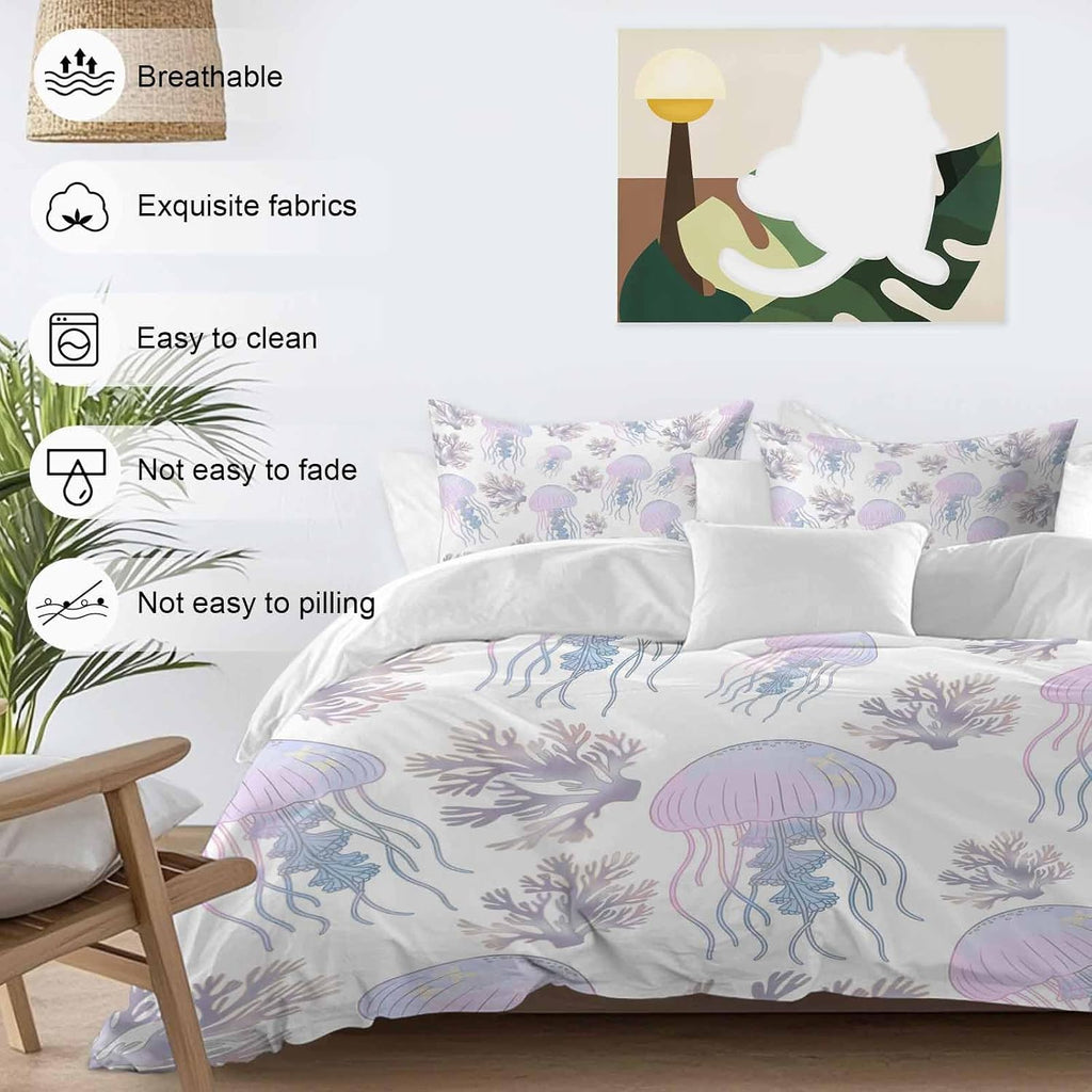 Prime Leader Jellyfish Coral Duvet Cover Set Queen Size 4 Pieces Dreamy Pink Purple Ocean Coastal Bedding Set with Zipper Closure, 1 Comforter Cover 92x106 Inches 1 Flat Sheet & 2 Pillow Cases