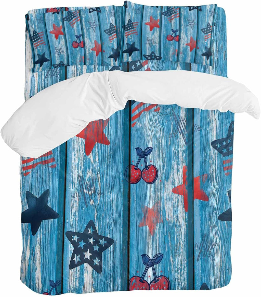 Independence Day Duvet Cover Set Queen Size 4 Pieces Graffiti Five-Pointed Star Blue Wood Grain Bedding Set with Zipper Closure, 1 Comforter Cover 90x92 Inches 1 Flat Sheet & 2 Pillow Cases