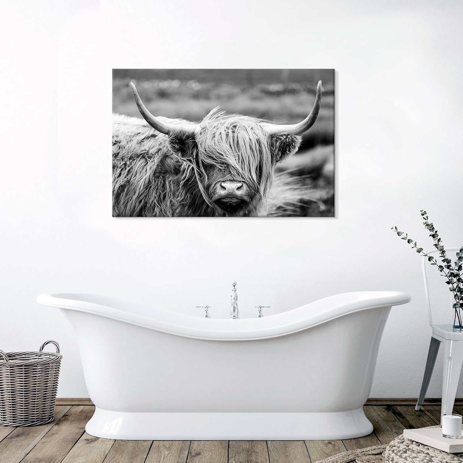 SEVEN WALL ARTS Scottish Highland Cow Canvas Wall Art Black and White Wall Decor Cattle Picture Print Photography Wildlife Animal Portrait Framed Farmhouse Artwork for Living Room Bedroom Office Decor