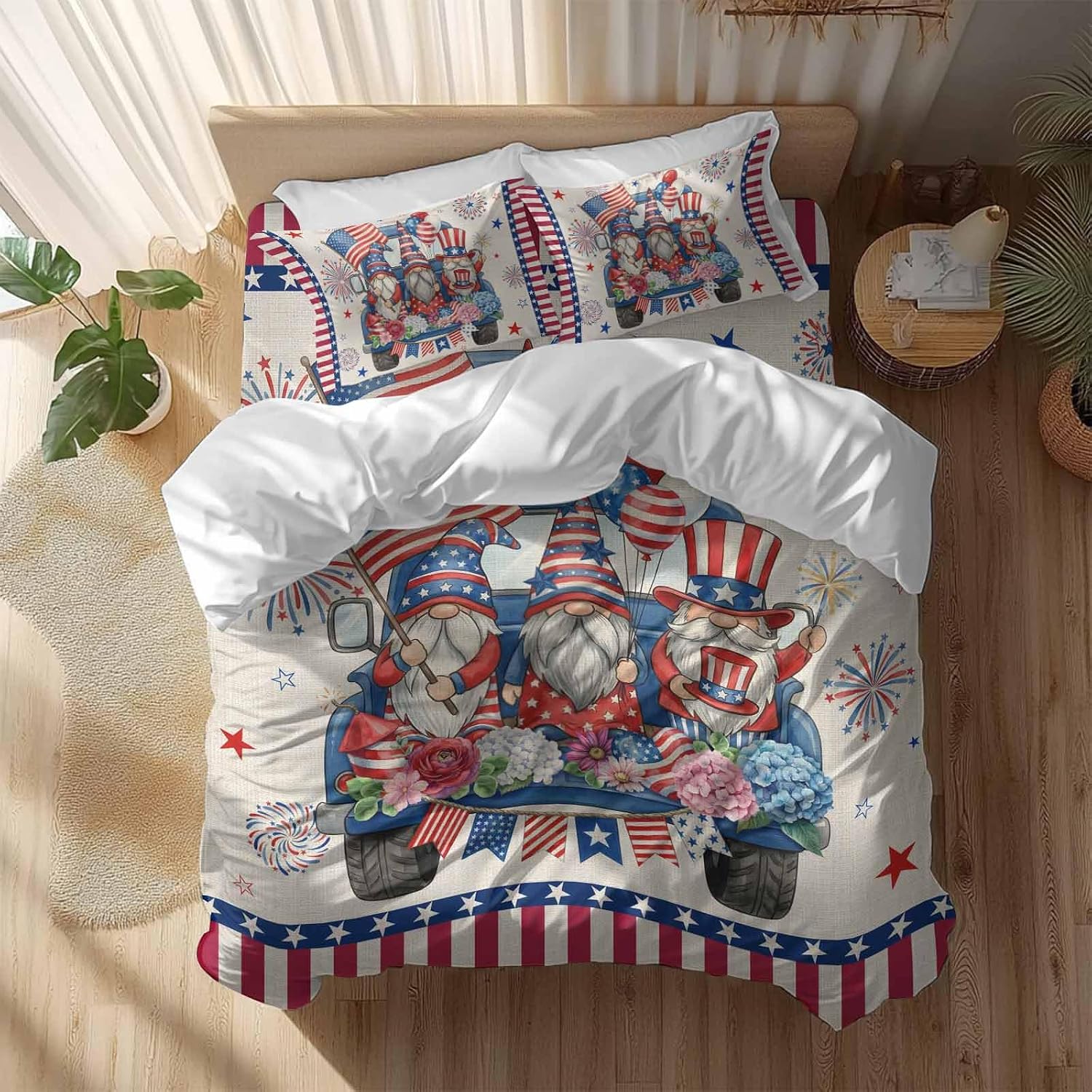 250th US Anniversary Duvet Cover Set Queen Size 4 Pieces Independence Day Gnomes Blue Truck Retro Bedding Set with Zipper Closure, 1 Comforter Cover 90x92 Inches 1 Flat Sheet & 2 Pillow Cases