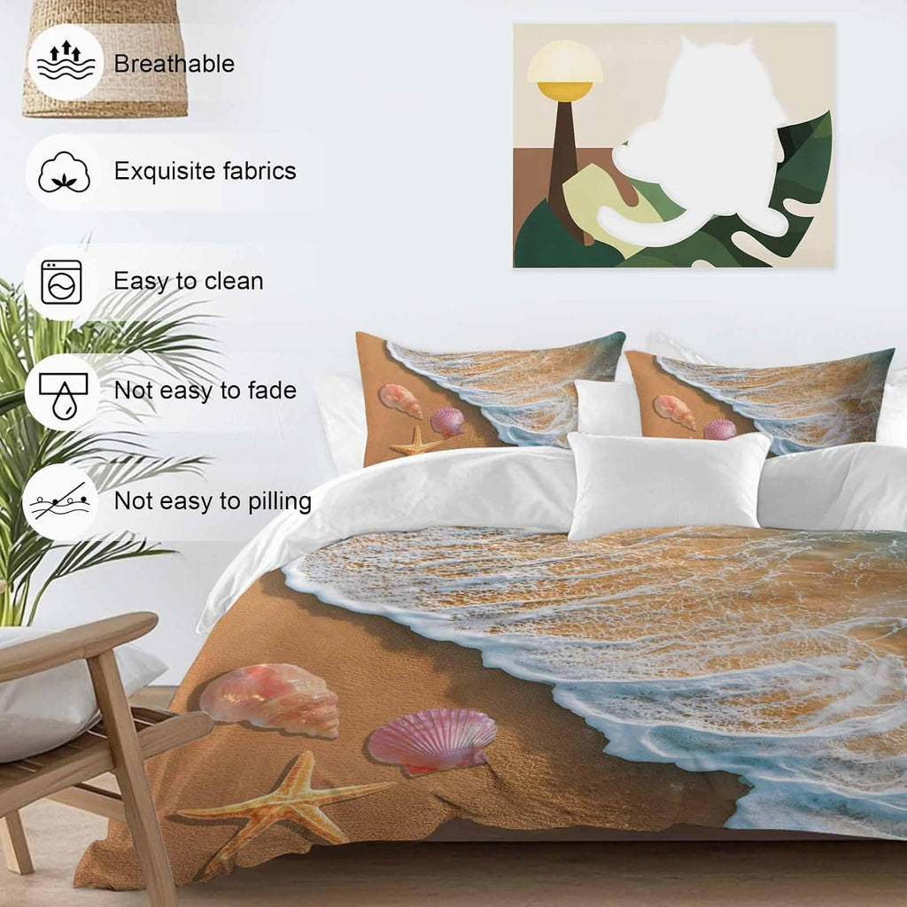 Prime Leader Summer Beach Duvet Cover Set Queen Size 4 Pieces Ocean Waves Conch Starfish Shell Coastal Bedding Set with Zipper Closure, 1 Comforter Cover 90x92 Inches 1 Flat Sheet & 2 Pillow Cases
