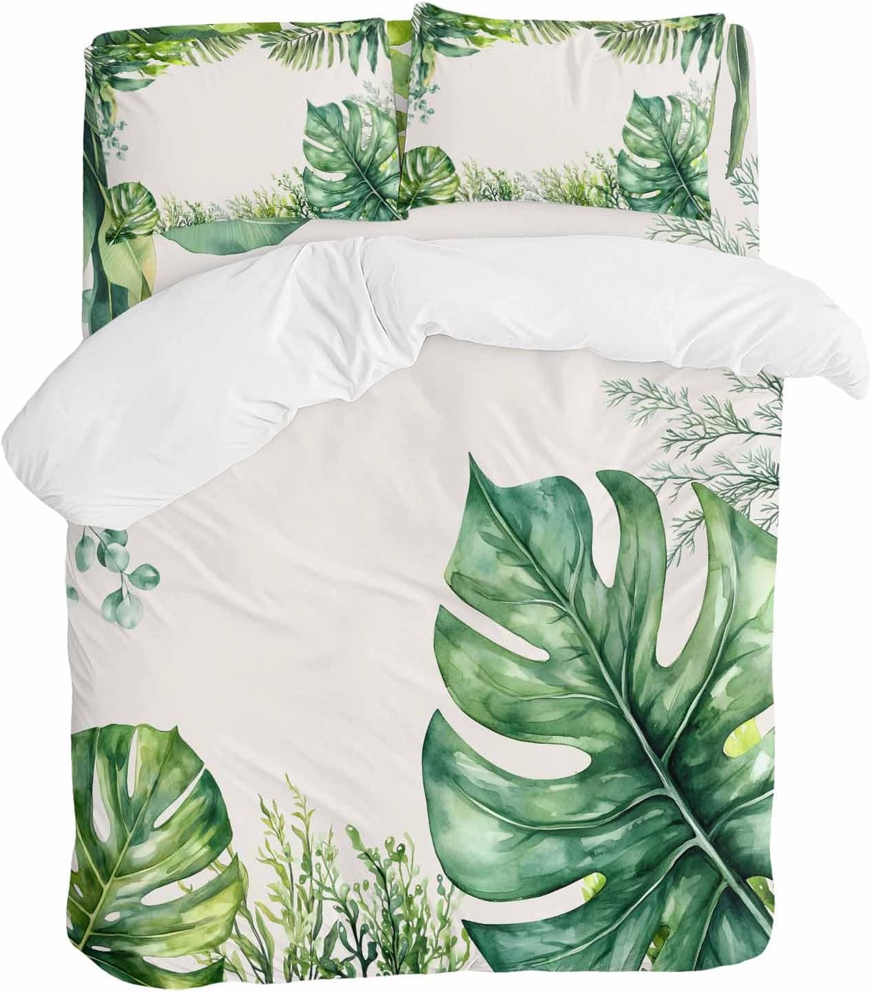 Tropical Leaf Duvet Cover Set Queen Size 4 Pieces Palms Monstera Leaves Green Plant Botanical Bedding Set with Zipper Closure, 1 Comforter Cover 90x92 Inches 1 Flat Sheet & 2 Pillow Cases