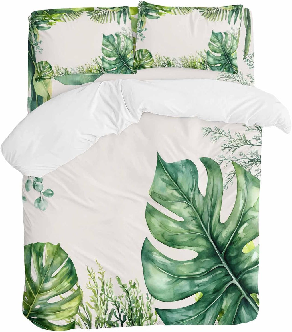 Tropical Leaf Duvet Cover Set Queen Size 4 Pieces Palms Monstera Leaves Green Plant Botanical Bedding Set with Zipper Closure, 1 Comforter Cover 86x86 Inches 1 Flat Sheet & 2 Pillow Cases