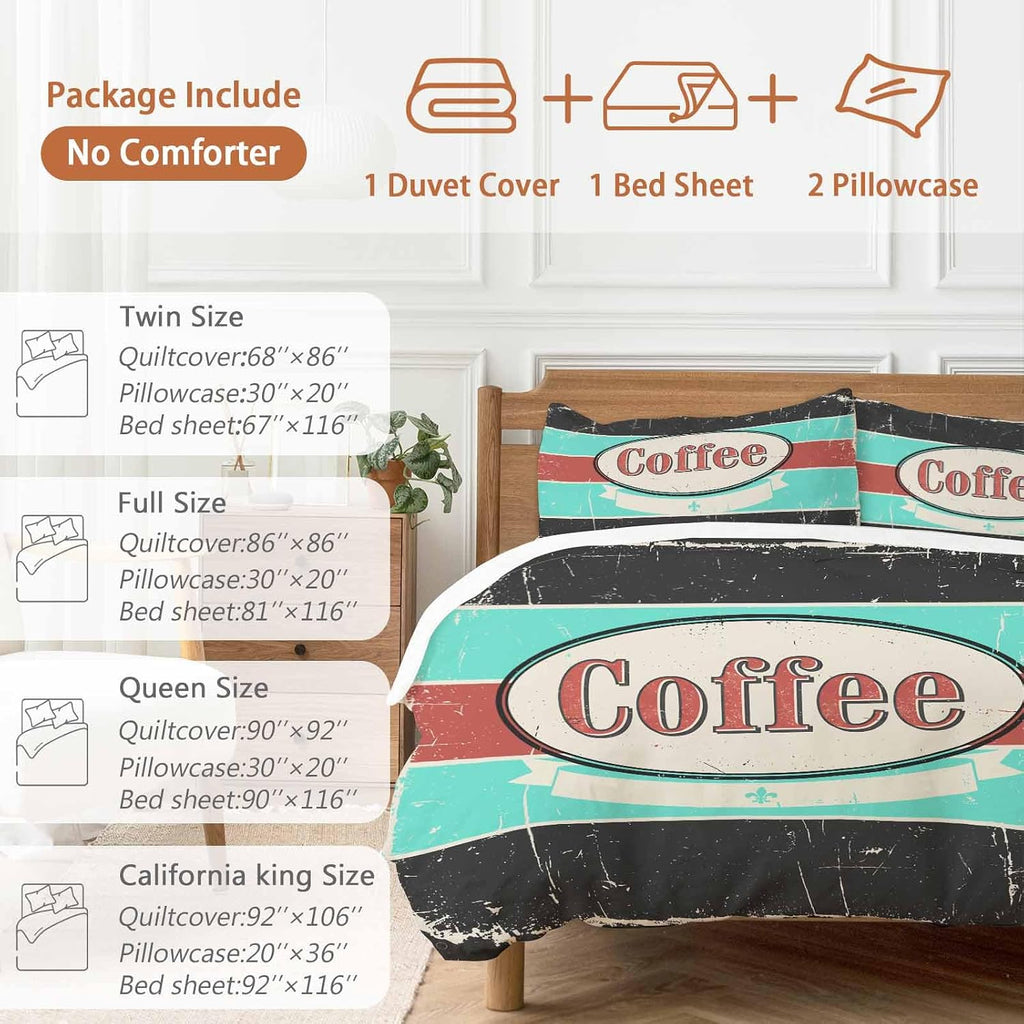 Coffee Duvet Cover Set Queen Size 4 Pieces Shabby Chic Blue Red Stripes Letter Print Casual Vintage Bedding Set with Zipper Closure, 1 Comforter Cover 90x92 Inches 1 Flat Sheet & 2 Pillow Cases