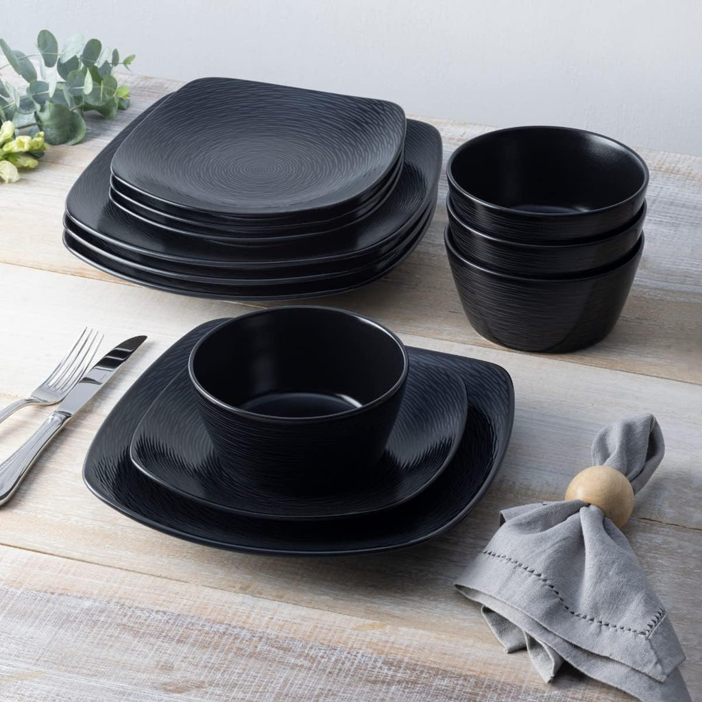 Noritake Colorscapes Black-on-Black Swirl 12-Piece Square Dinnerware Set, Service for 4