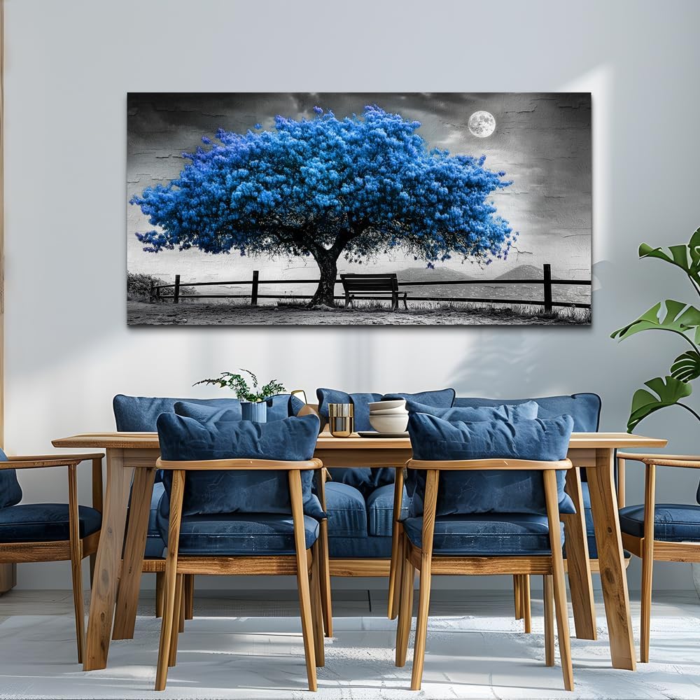 FUHAIHUA Canvas Wall Art For Living Room Large Wall Decor For Office Bedroom Decorations Black And White Landscape Pictures Blue Tree Painting Artwork Room Wall Mural Aesthetic Home Decor 30x60 In