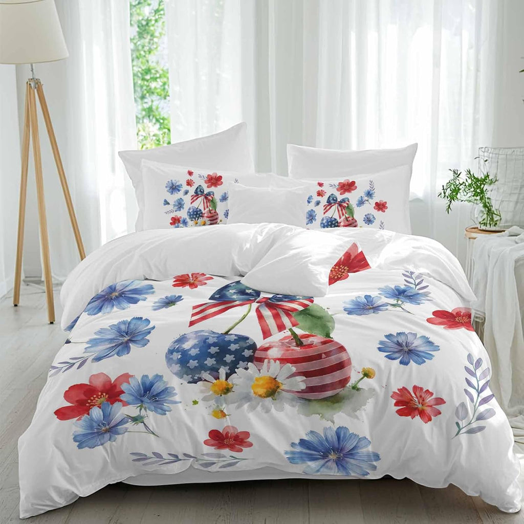 Independence Day Cherry Duvet Cover Set Queen Size 4 Pieces Patriotic Red Blue Star Flower Bow Leaf Bedding Set with Zipper Closure, 1 Comforter Cover 86x86 Inches 1 Flat Sheet & 2 Pillow Cases
