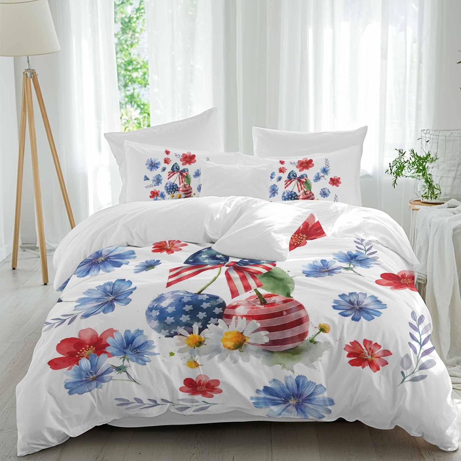 Independence Day Cherry Duvet Cover Set Queen Size 4 Pieces Patriotic Red Blue Star Flower Bow Leaf Bedding Set with Zipper Closure, 1 Comforter Cover 86x86 Inches 1 Flat Sheet & 2 Pillow Cases