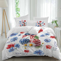 Independence Day Cherry Duvet Cover Set Queen Size 4 Pieces Patriotic Red Blue Star Flower Bow Leaf Bedding Set with Zipper Closure, 1 Comforter Cover 90x92 Inches 1 Flat Sheet & 2 Pillow Cases