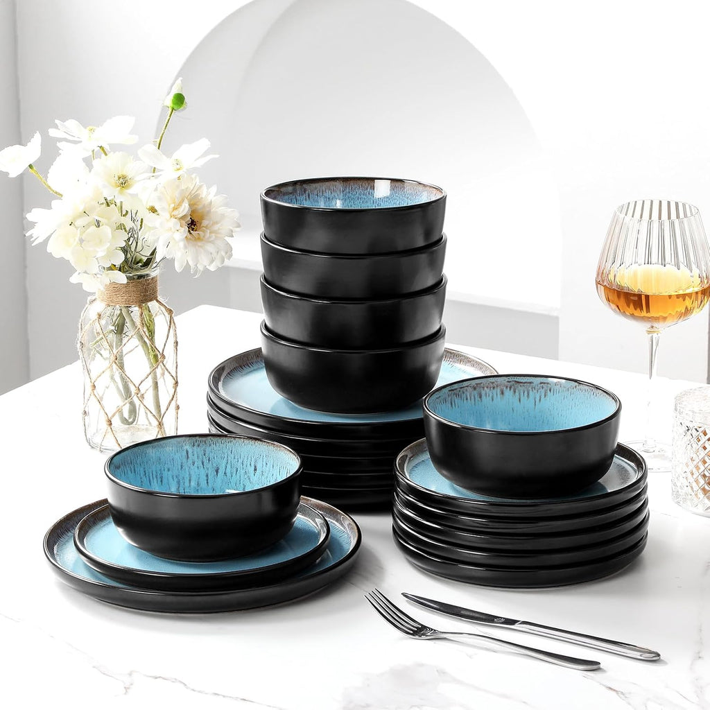 vancasso Plates and Bowls Sets, 18 Pieces Stoneware Dinnerware Sets for 6, Kitchen Dish Set Mircowave and Dishwasher Safe Ceramic Dishware, Blue, Series AMBER