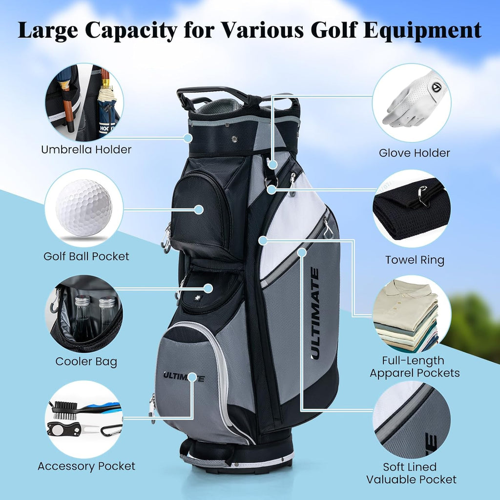 Goplus Golf Cart Bag with 14-Way Top Dividers, Golf Club Bag with 7 Zippered Pockets Including Cooler Bag, Rain Hood, Carry Handles, Detachable Shoulder Strap, Lightweight Golf Bag for Men Women