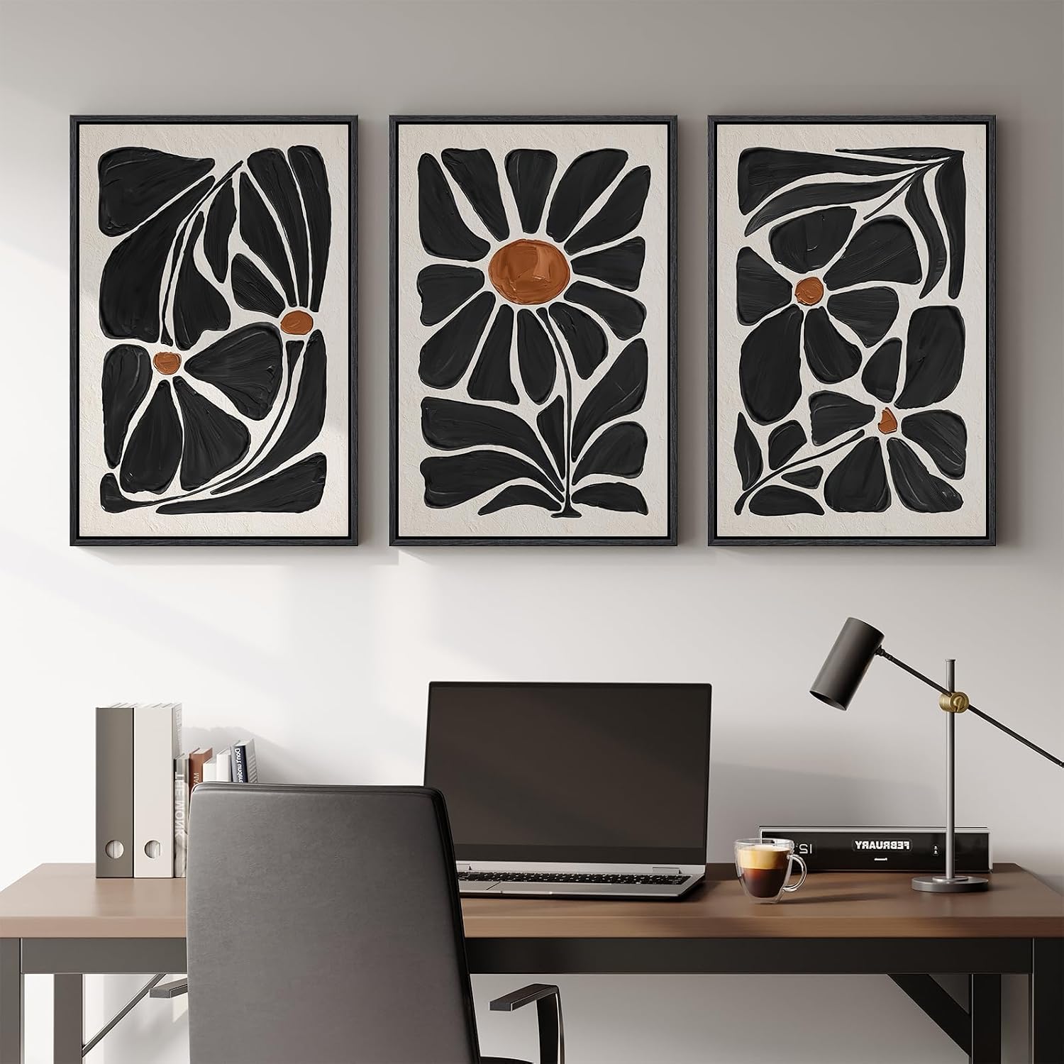 Large Framed Boho Floral Wall Art for Living Room, 3 Piece Mid-Century Modern Abstract Botanical Canvas Painting Prints Artwork for Walls, Black and White Flowers for Bedroom Hallway Office, 24x36