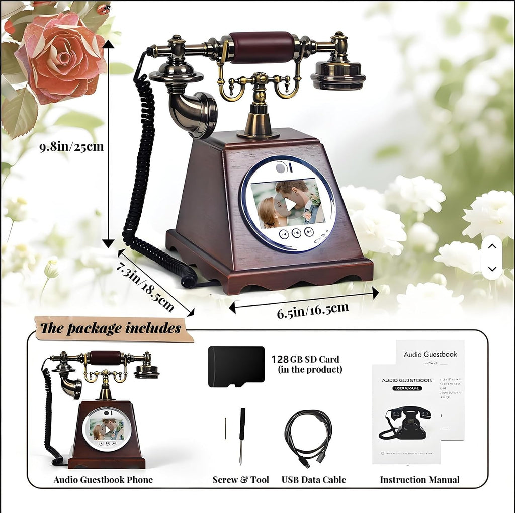Creative Video Audio Guest Book, 128G 1080P HD Vintage Wedding Phone Guestbook, Preserve Your Special Occasions, Ideal for Wedding Birthday, Graduations, Baby Shower(A)