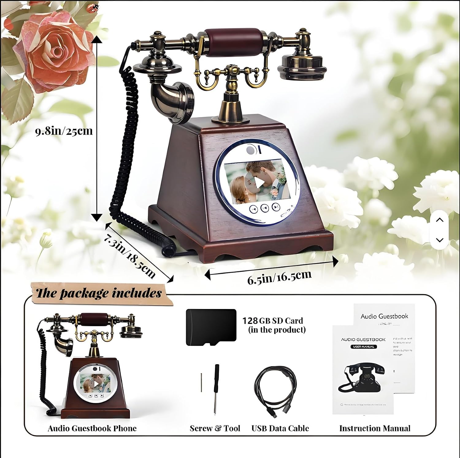 Creative Video Audio Guest Book, 128G 1080P HD Vintage Wedding Phone Guestbook, Preserve Your Special Occasions, Ideal for Wedding Birthday, Graduations, Baby Shower(A)