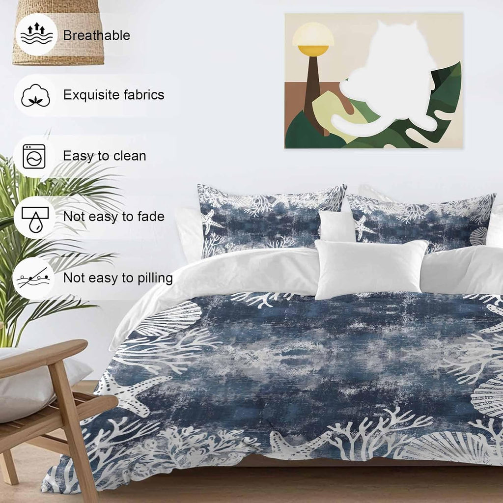 Vintage Blue Ocean Duvet Cover Set Queen Size 4 Pieces Country Nautical Coastal Sea Starfish Shell Coral Bedding Set with Zipper Closure, 1 Comforter Cover 92x106 Inches 1 Flat Sheet & 2 Pillow Cases