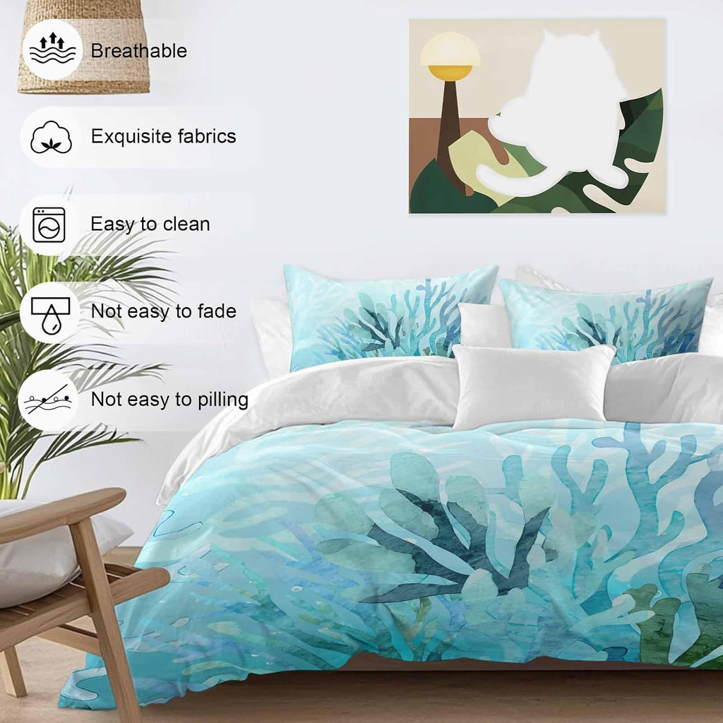 Prime Leader Blue Gradient Coral Duvet Cover Set Queen Size 4 Pieces Ocean Coastal Sea Watercolor Coral Bedding Set with Zipper Closure, 1 Comforter Cover 92x106 Inches 1 Flat Sheet & 2 Pillow Cases