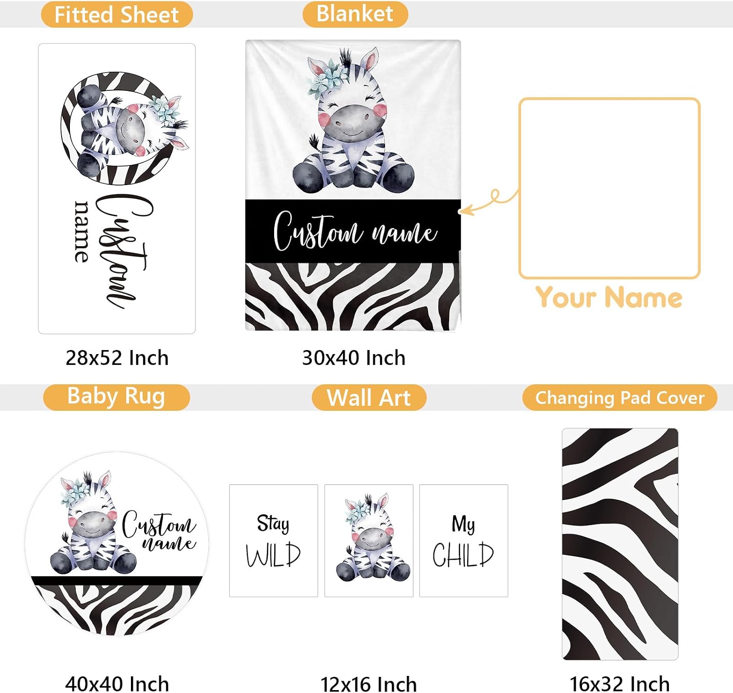 Terwex Personalized Baby Crib Bedding Set, 5 Pcs Custom Name Nursery Bedding Set, Striped Zebra Baby Bedding Set for Girls Boys, Double Layer Flannel Baby Crib Set, Toddlers Infants Customized Gifts