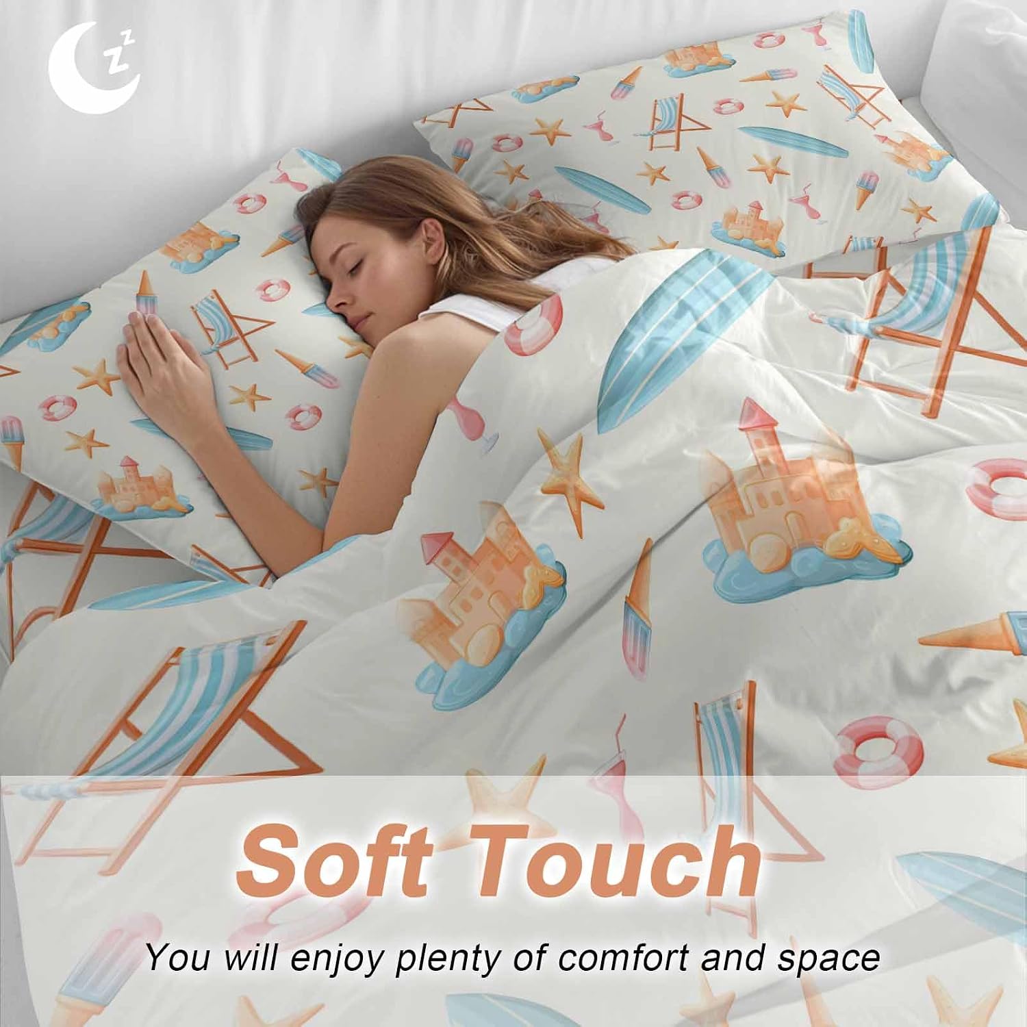 Summer Beach Duvet Cover Set Queen Size 4 Pieces Dreamy Ocean Blue Surfboards Beach Chair Castle Starfish Bedding Set with Zipper Closure, 1 Comforter Cover 92x106 Inches 1 Flat Sheet & 2 Pillow Cases