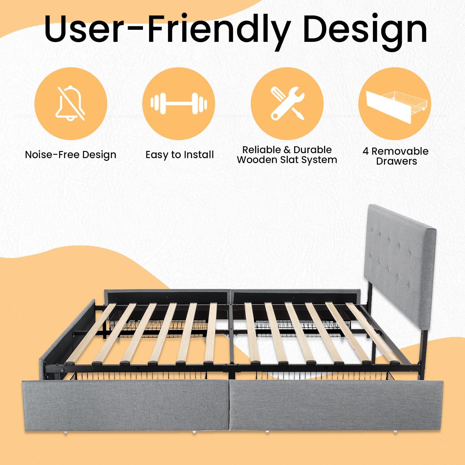 SHA CERLIN Upholstered Queen Size Platform Bed Frame with 4 Storage Drawers, Adjustable Headboard with Square Stitched Button Tufted Design, Wooden Slat Support, No Box Spring Needed, Light Grey