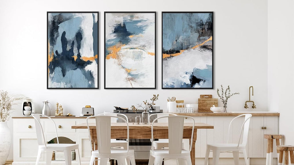Large Framed Abstract Wall Art - Natural Framed Canvas Pictures for Living Room Modern Canvas Prints Grey Blue for Bedroom, Black Float Frame Art for Home Office Kitchen Decor 24' X 36' X 3pcs