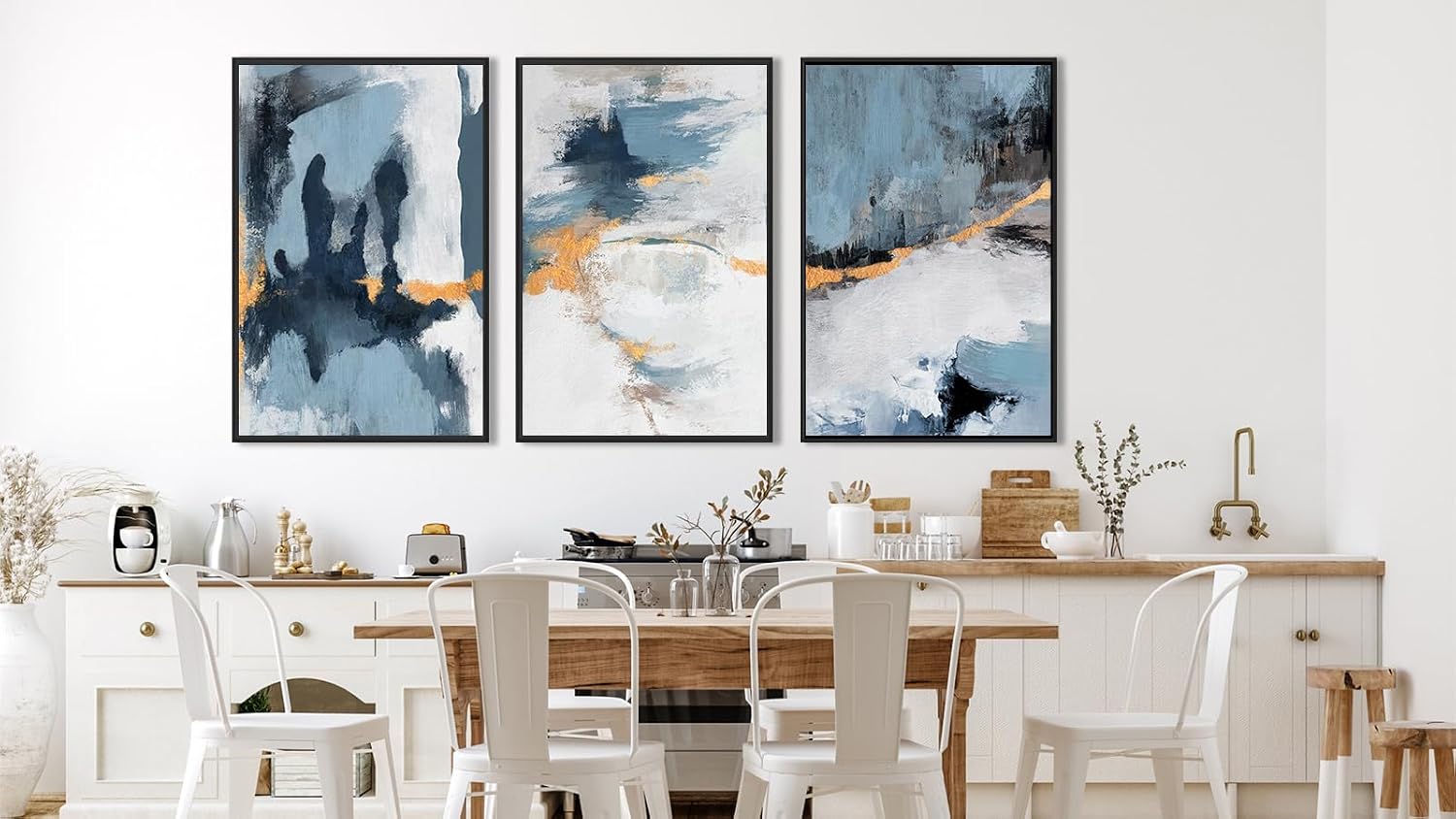 Large Framed Abstract Wall Art - Natural Framed Canvas Pictures for Living Room Modern Canvas Prints Grey Blue for Bedroom, Black Float Frame Art for Home Office Kitchen Decor 24' X 36' X 3pcs