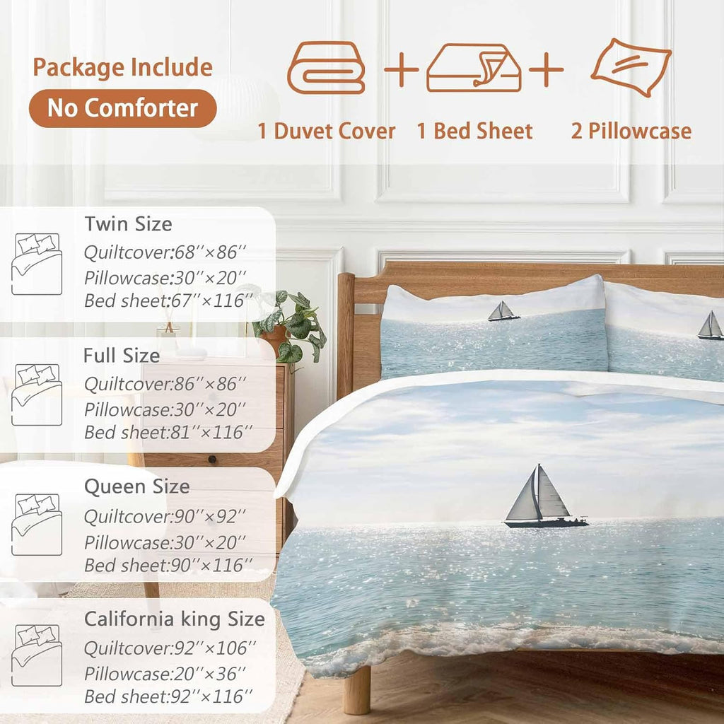 Nature Seascape Duvet Cover Set Queen Size 4 Pieces Sailboats Blue Waves Cloud Sky Ocean Surface Bedding Set with Zipper Closure, 1 Comforter Cover 90x92 Inches 1 Flat Sheet & 2 Pillow Cases