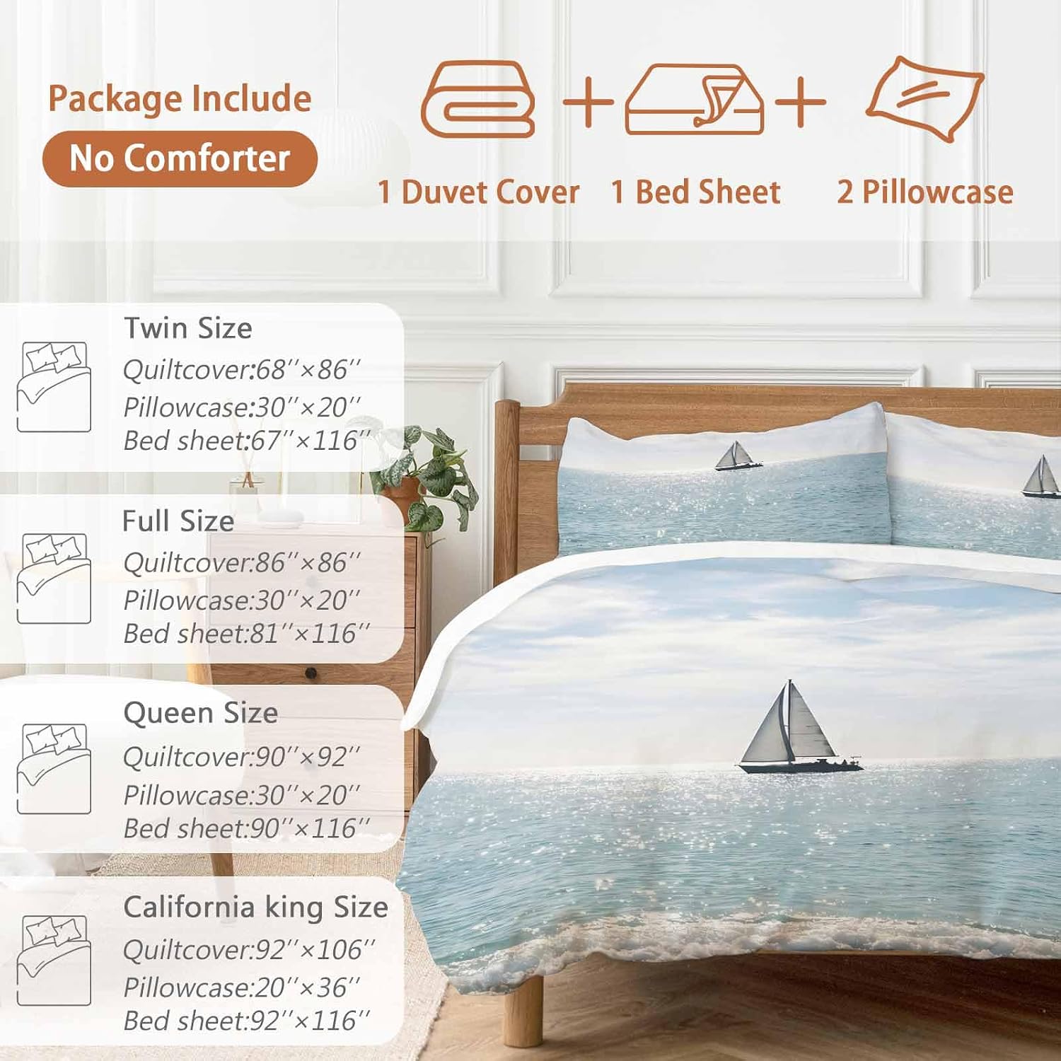 Nature Seascape Duvet Cover Set Queen Size 4 Pieces Sailboats Blue Waves Cloud Sky Ocean Surface Bedding Set with Zipper Closure, 1 Comforter Cover 86x86 Inches 1 Flat Sheet & 2 Pillow Cases