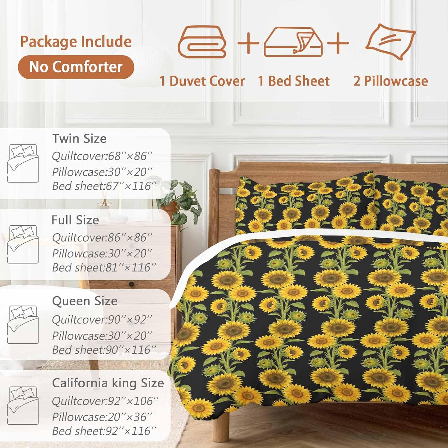 Prime Leader Retro Sunflowers Duvet Cover Set Queen Size 4 Pieces Summer Yellow Floral Black Background Bedding Set with Zipper Closure, 1 Comforter Cover 86x86 Inches 1 Flat Sheet & 2 Pillow Cases