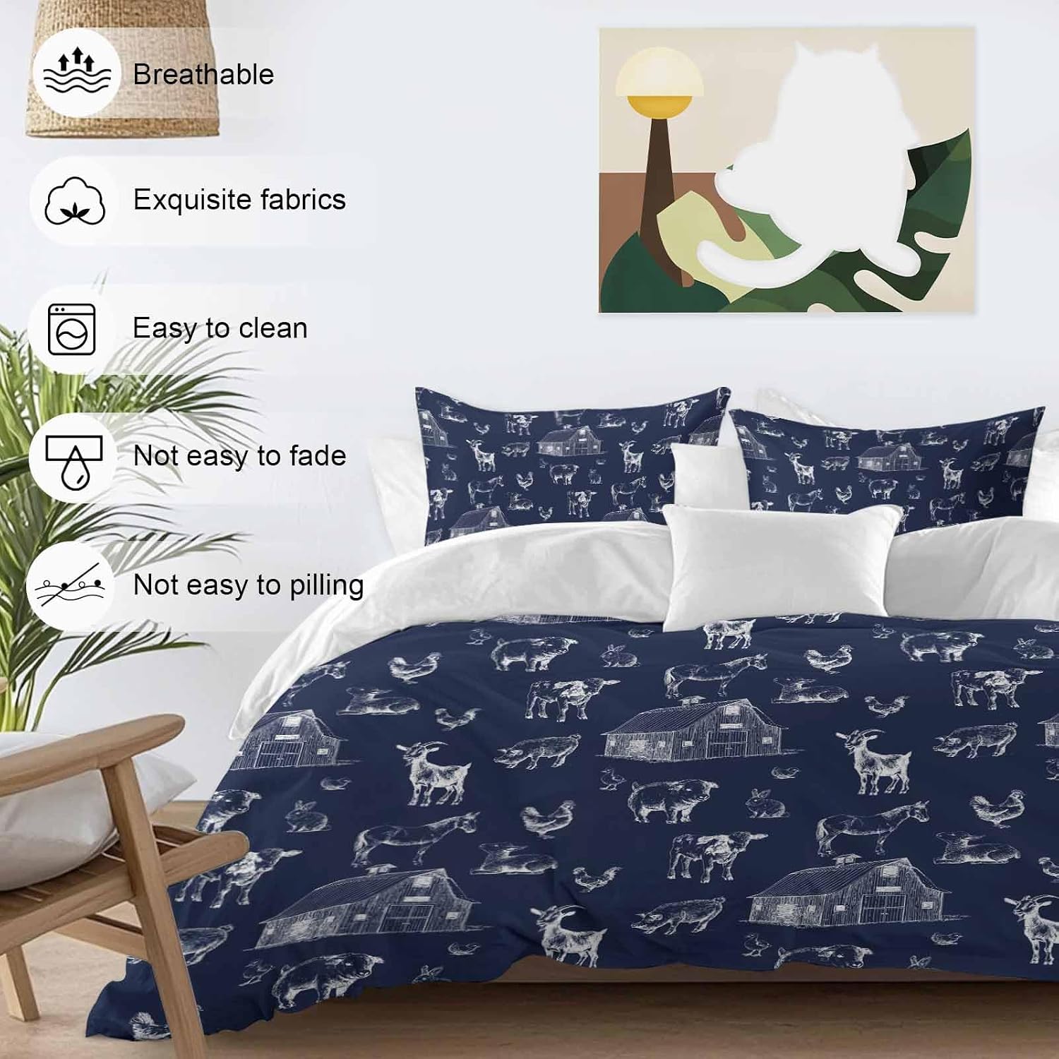 Farm Animals Duvet Cover Set Queen Size 4 Pieces Navy Blue Farmhouse Chicken Cow Sheep Pig House Country Bedding Set with Zipper Closure, 1 Comforter Cover 86x86 Inches 1 Flat Sheet & 2 Pillow Cases