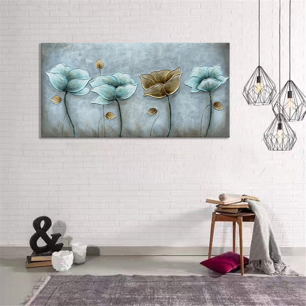 Alenoss 3D Large Oil Paintings on Canvas Wall Art 60x30 Inches Hand Painting Metal Luster Lotus Artwork Abstract Paintings Floral Wall Decor Texture Wall Art for Home Decorations