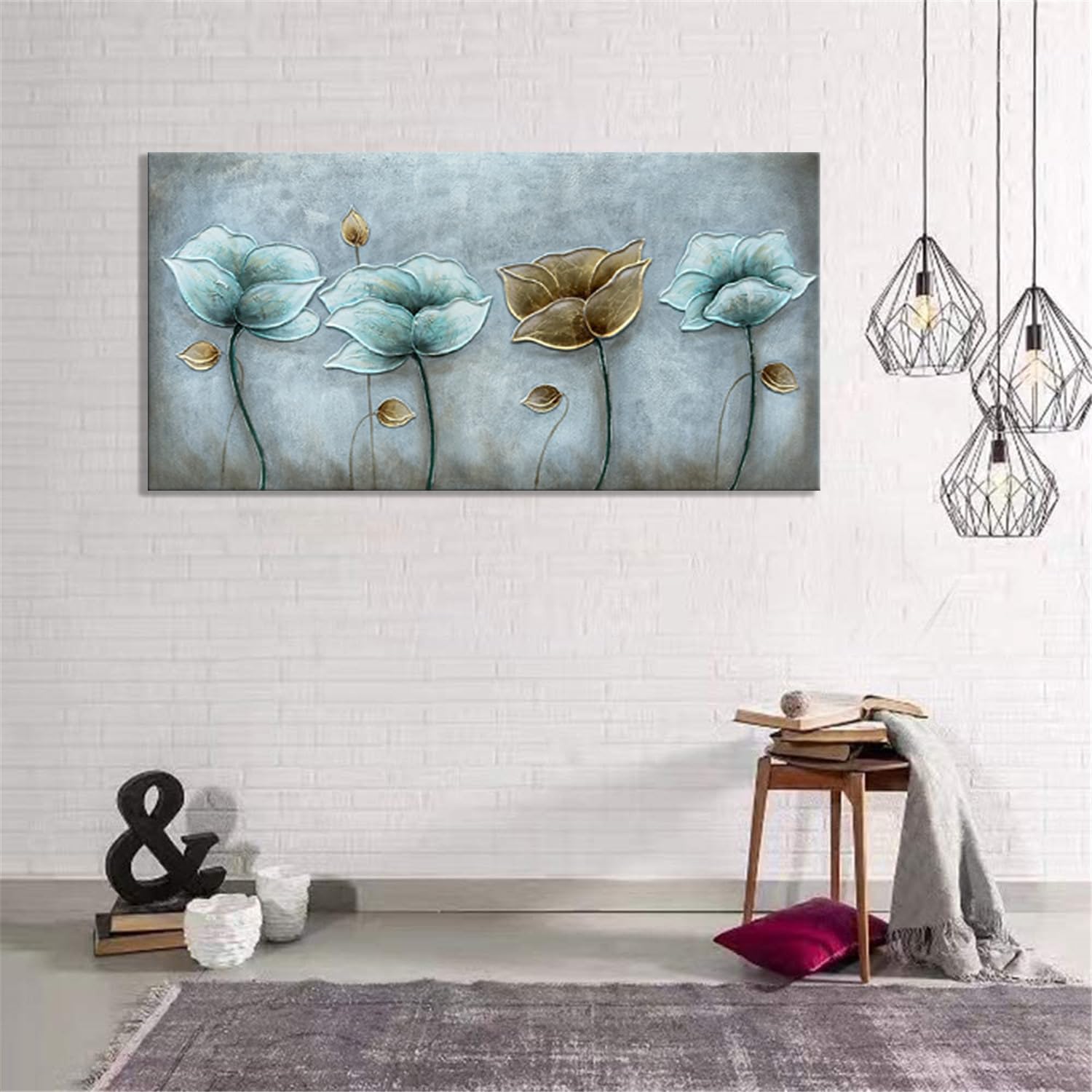 Alenoss 3D Large Oil Paintings on Canvas Wall Art 60x30 Inches Hand Painting Metal Luster Lotus Artwork Abstract Paintings Floral Wall Decor Texture Wall Art for Home Decorations
