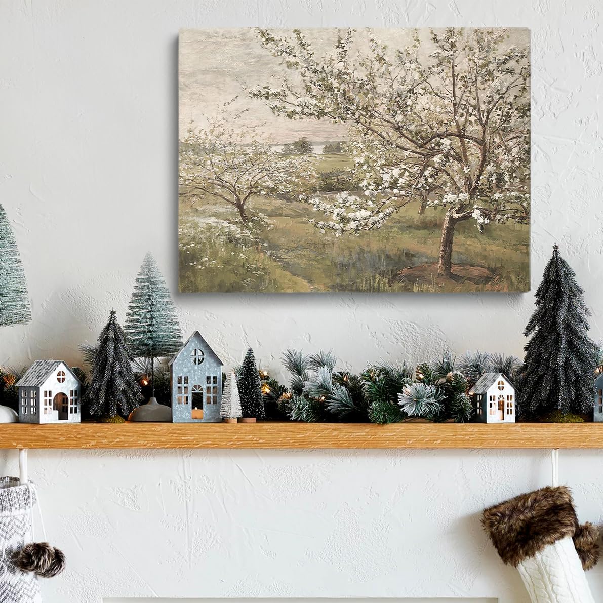 Framed Spring Blooming Tree Painting Posters Vintage European Muted Colors Canvas Print Wall Art Full of vitality Easter Spring Wall Decor 24x36 framed