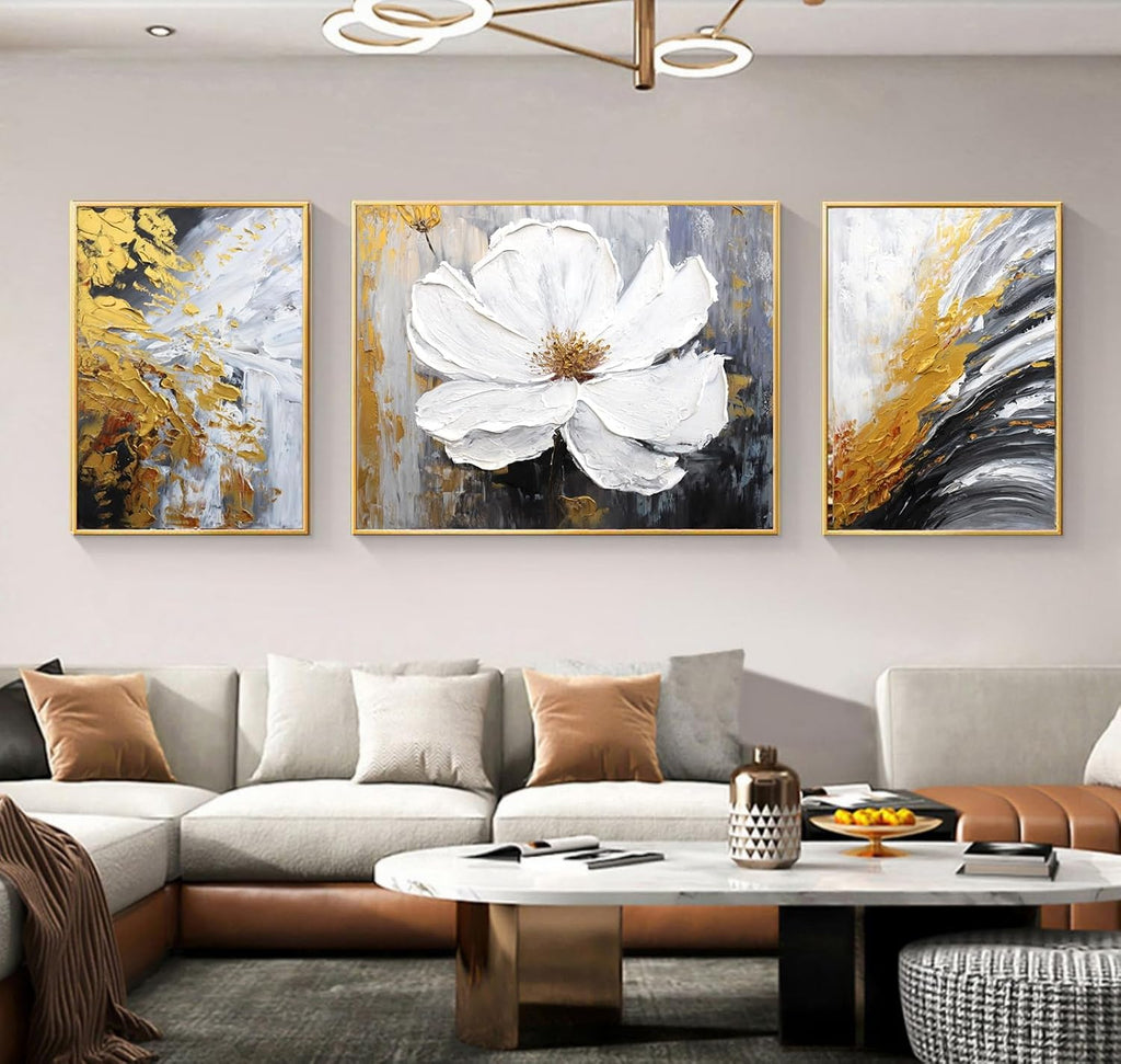 3 Pcs Hand-Painted Floral Canvas Wall Art for Living Room | 3D Textured Abstract White Flower Paintings with Gold Frames for Bedroom | Ready to Hang Modern Luxury Wall Decor for Office (24x64 Inches)