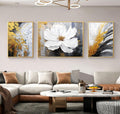 3 Pcs Hand-Painted Floral Canvas Wall Art for Living Room | 3D Textured Abstract White Flower Paintings with Gold Frames for Bedroom | Ready to Hang Modern Luxury Wall Decor for Office (24x64 Inches)
