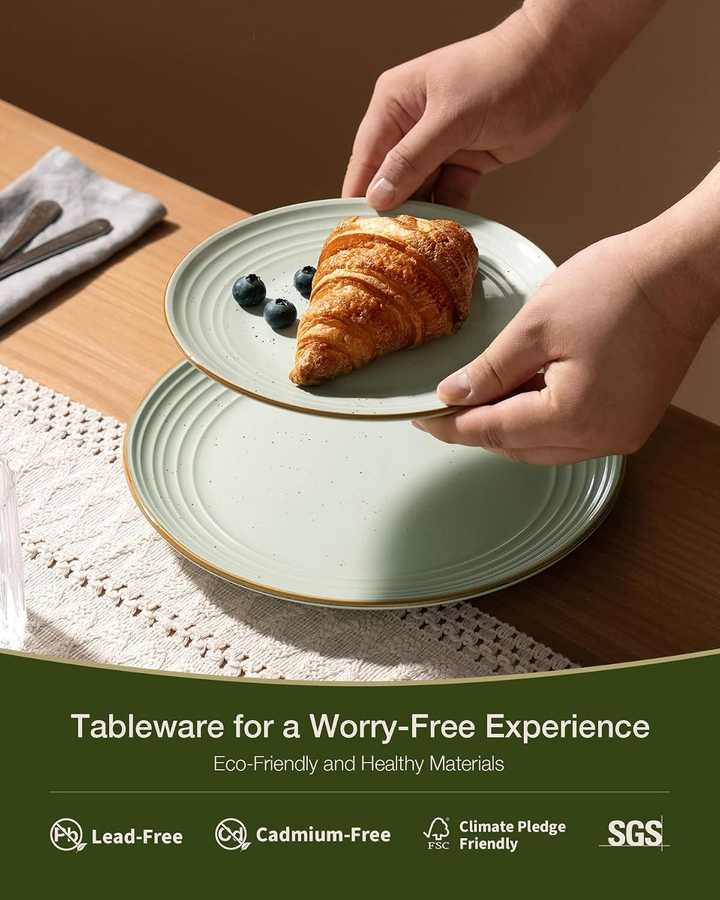 Famiware Jupiter 24-Piece Stoneware Dinnerware Set, Handcrafted Plates and Bowls with Speckles & Embossed Swirls, Chip/Scratch Resistant, Microwave/Dishwasher Safe, Rustic Dishes, Service for 8, Green