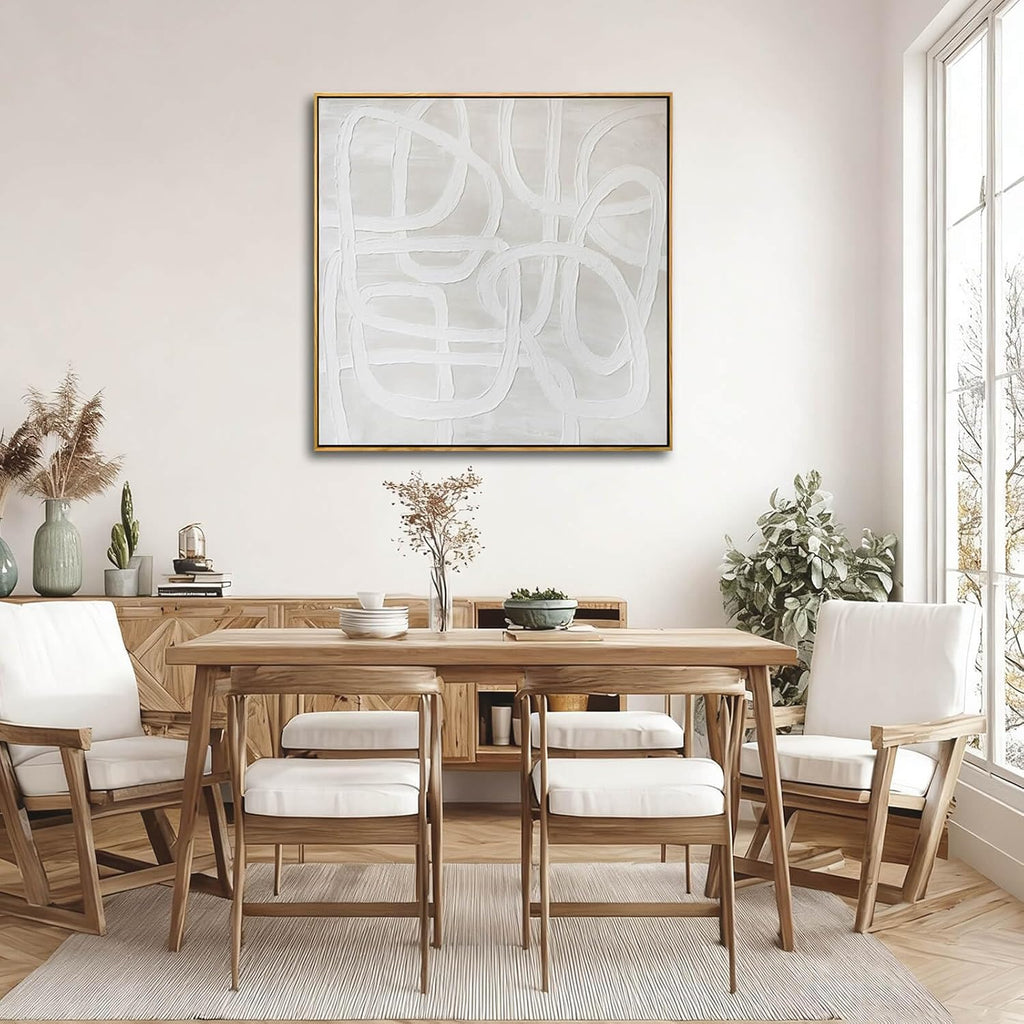 Neutral Abstract Line Wall Art, Framed Canvas Print, Beige Minimalist Modern Decor for Living Room Bedroom Office, Ready to Hang, 40x40 Inch