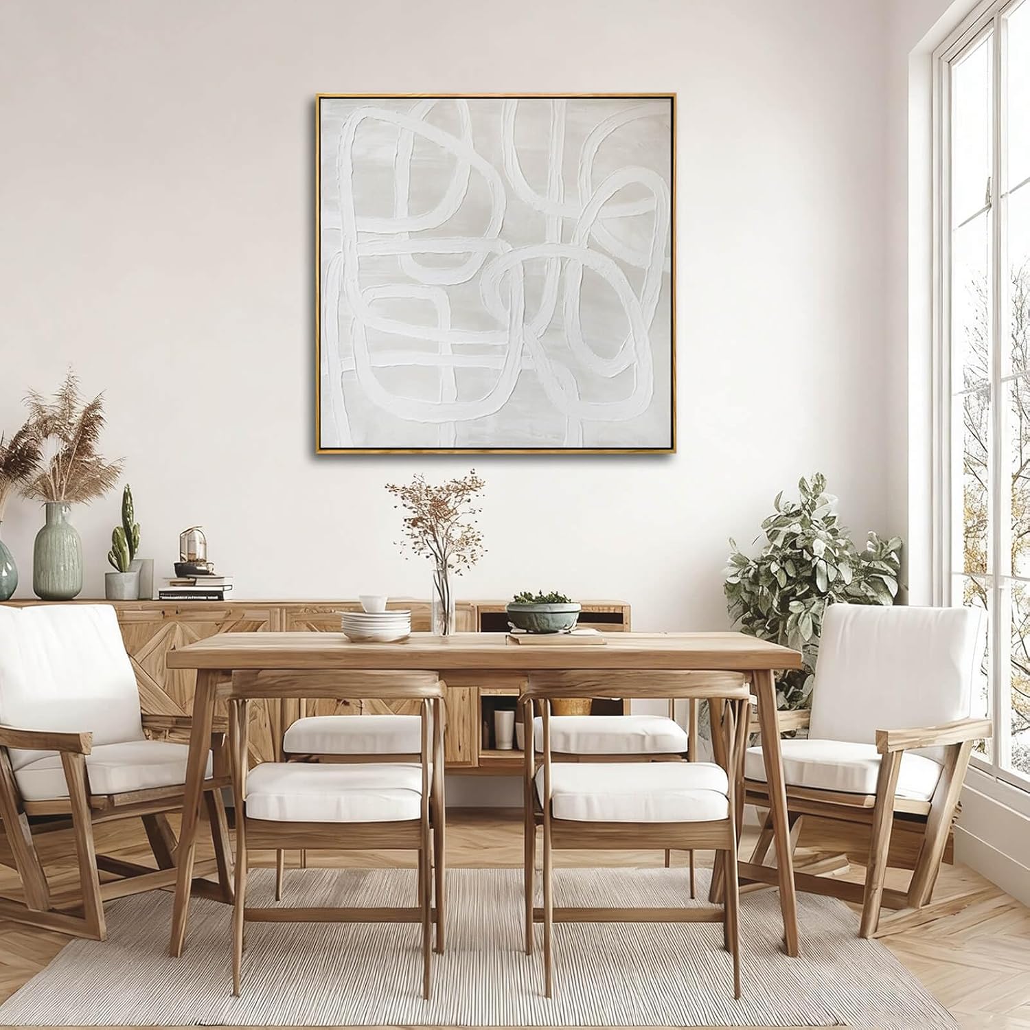 Neutral Abstract Line Wall Art, Framed Canvas Print, Beige Minimalist Modern Decor for Living Room Bedroom Office, Ready to Hang, 40x40 Inch