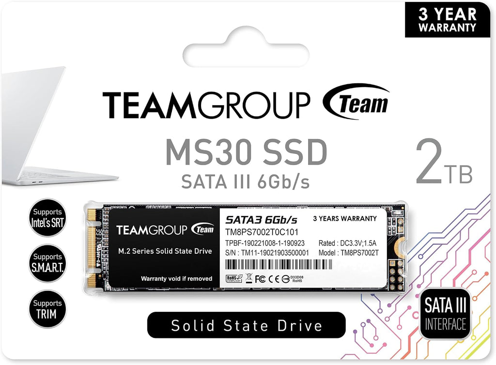 TEAMGROUP MS30 2TB with SLC Cache 3D NAND TLC M.2 2280 SATA III 6Gb/s Internal Solid State Drive SSD (Read/Write Speed up to 550/500 MB/s) Compatible with Laptop & PC Desktop TM8PS7002T0C101