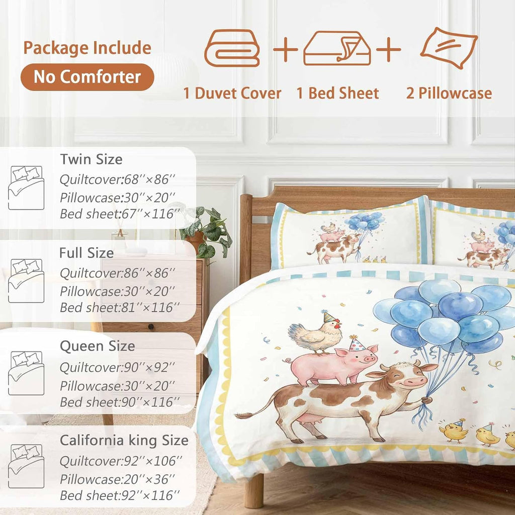 Pig Cow Duvet Cover Set Queen Size 4 Pieces Hen Chicks Blue Balloons Watercolor Animal Yellow Border Striped Bedding Set with Zipper Closure,1 Comforter Cover 90x92 Inches 1 Flat Sheet&2 Pillow Cases