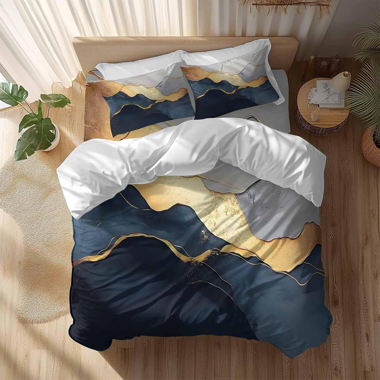 Prime Leader Abstract Impressionist Style Duvet Cover Set Queen Size 4 Pieces Gold Navy Blue Color Block Bedding Set with Zipper Closure, 1 Comforter Cover 90x92 Inches 1 Flat Sheet & 2 Pillow Cases
