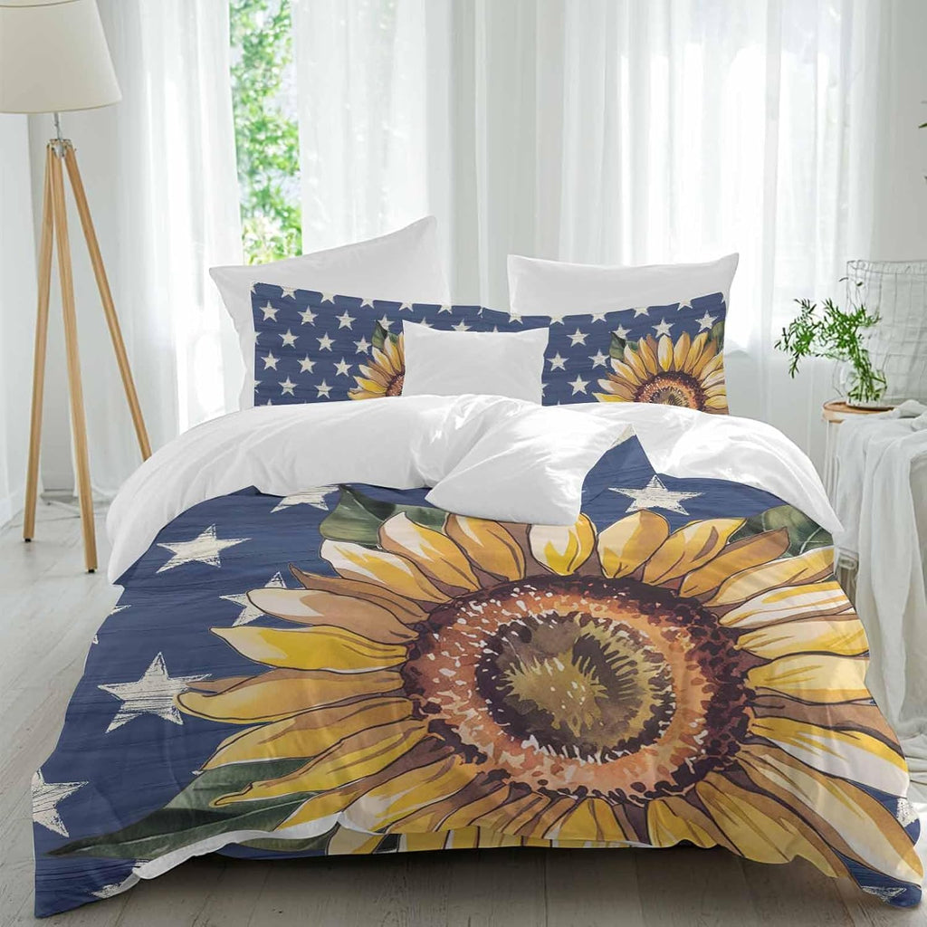 Prime Leader Independence Day Duvet Cover Set Queen Size 4 Pieces Hand Panted Sunflowers Countryside Star Bedding Set with Zipper Closure, 1 Comforter Cover 90x92 Inches 1 Flat Sheet & 2 Pillow Cases