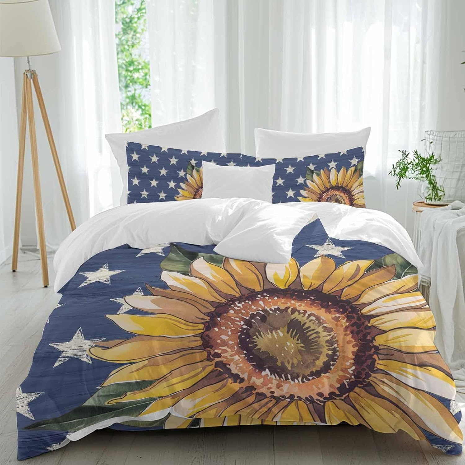 Prime Leader Independence Day Duvet Cover Set Queen Size 4 Pieces Hand Panted Sunflowers Countryside Star Bedding Set with Zipper Closure, 1 Comforter Cover 90x92 Inches 1 Flat Sheet & 2 Pillow Cases
