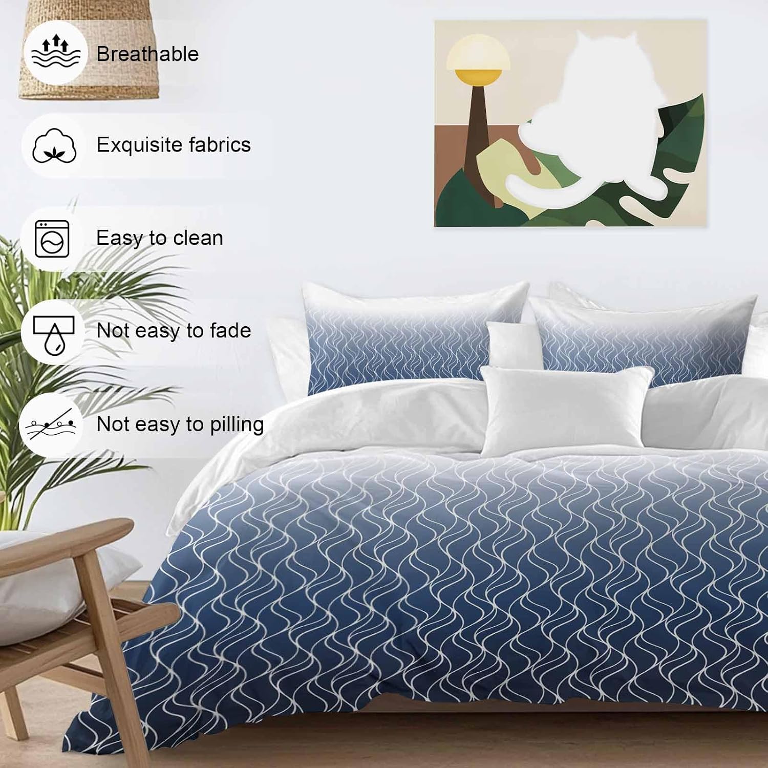 Prime Leader Gradient Navy Blue Duvet Cover Set Queen Size 4 Pieces Abstract Morocco Blue Curved Lines Bedding Set with Zipper Closure, 1 Comforter Cover 90x92 Inches 1 Flat Sheet & 2 Pillow Cases