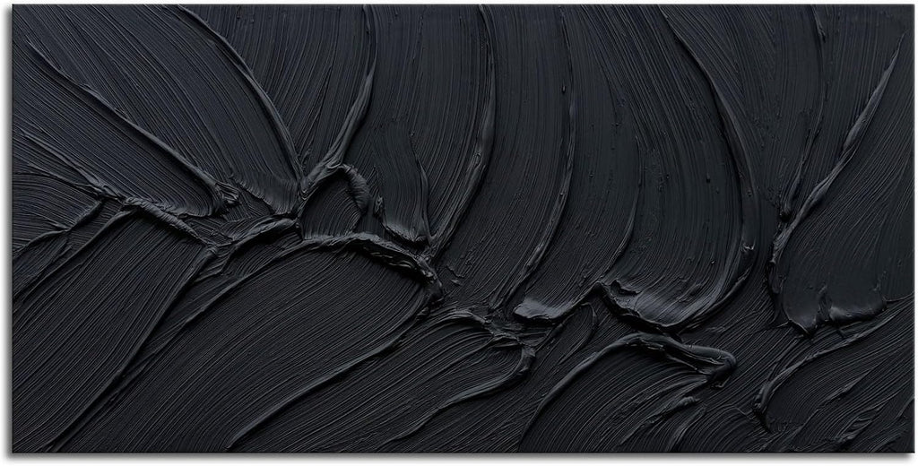zoinart Hand Painted Thick Texture Black Minimalist Oil Painting Modern Contemporary Art 24x48 Inches Oil on Canvas Abstract Black Textured Wall Art Home Decoration