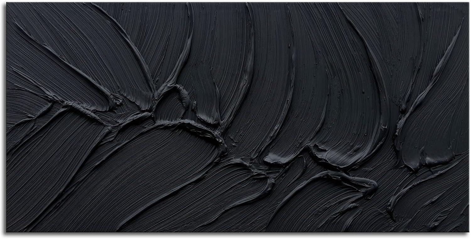 zoinart Hand Painted Thick Texture Black Minimalist Oil Painting Modern Contemporary Art 24x48 Inches Oil on Canvas Abstract Black Textured Wall Art Home Decoration