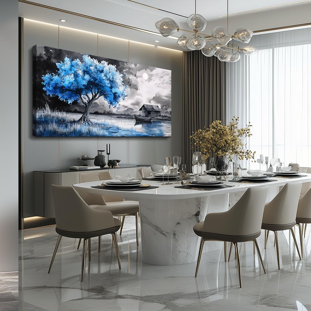 PHAOHUAXM Large Wall Art For Living Room Blue Wall Decor For Bedroom Black White And Blue Trees Wall Pictures Restaurant Office Frame Printing Canvas Large Artwork Modern Home Decoration 30x60 in
